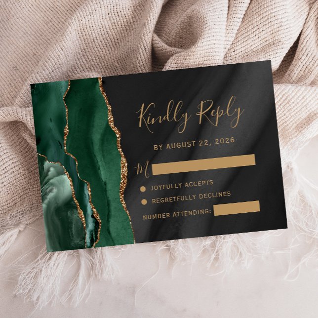 Emerald Green Gold Black Watercolor Agate Wedding RSVP Card (Creator Uploaded)