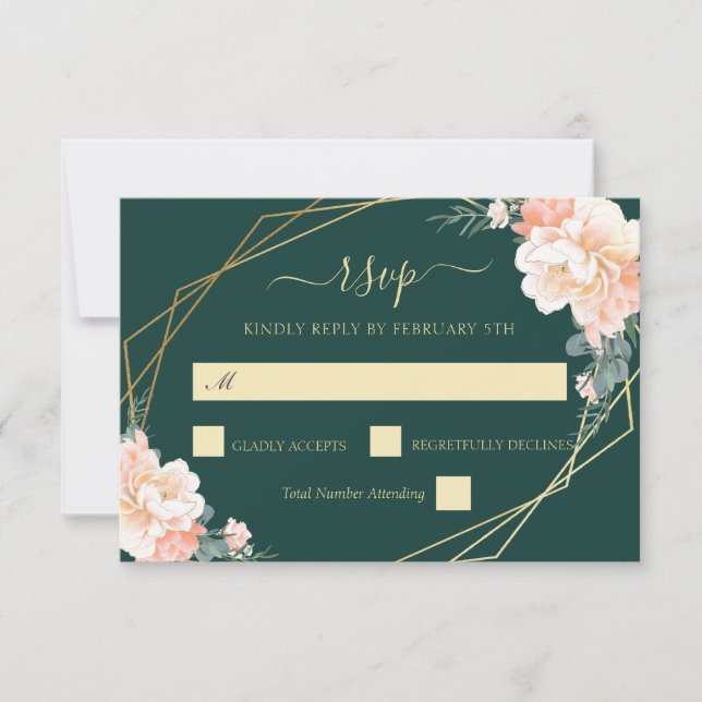 Emerald Green Gold Blush Peach Floral Wedding RSVP (Front)