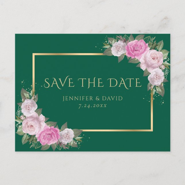 Emerald Green Gold Blush Pink Floral Save The Date Announcement Postcard (Front)
