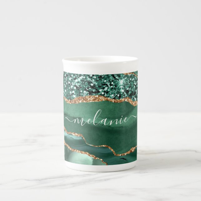 Emerald Green Gold Bone China Mug with Custom Name (Front)