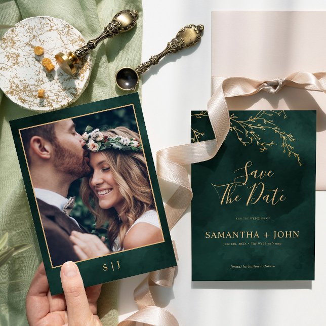 Emerald Green & Gold Botanical Elegant Photo Save The Date (Creator Uploaded)