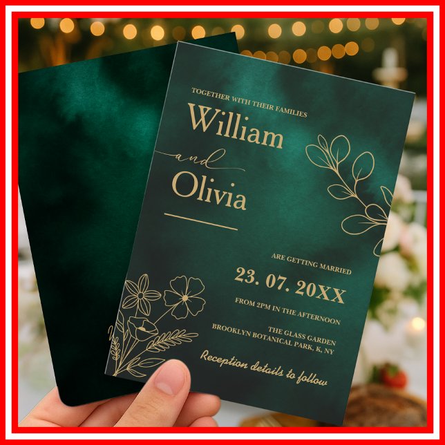 Emerald Green & Gold Botanical Wedding Invitation (Creator Uploaded)