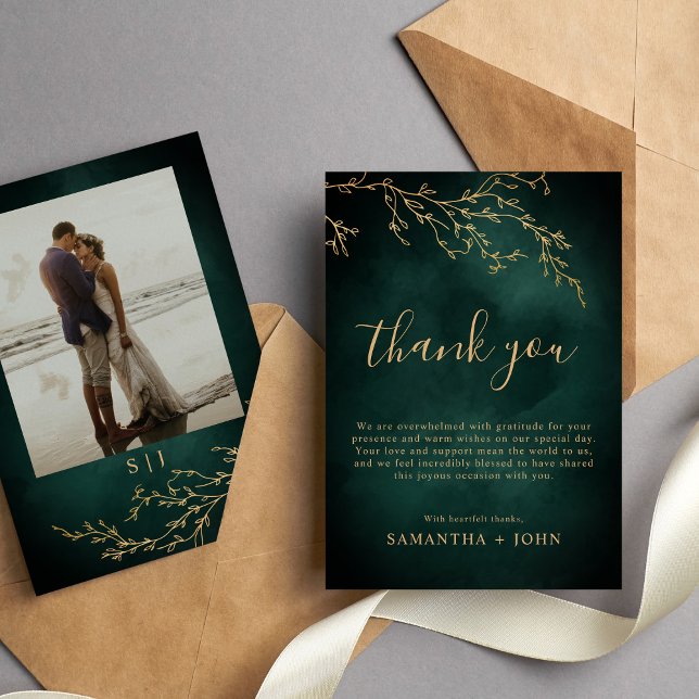 Emerald Green & Gold Botanical Wedding Photo Thank You Card (Creator Uploaded)