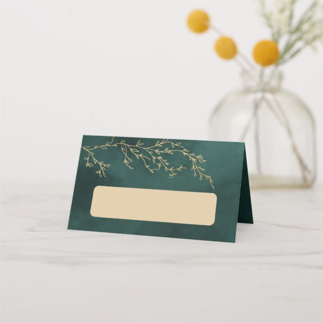 Emerald Green & Gold Botanical Wedding Place Card (Front)