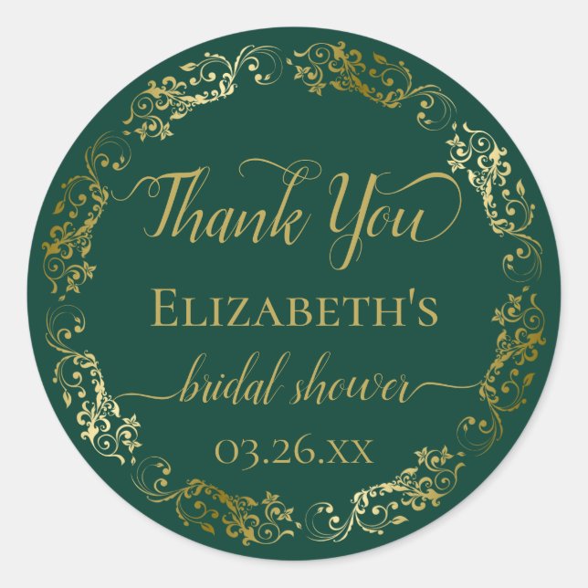 Emerald Green & Gold Bridal Shower Thank You Small Classic Round Sticker (Front)