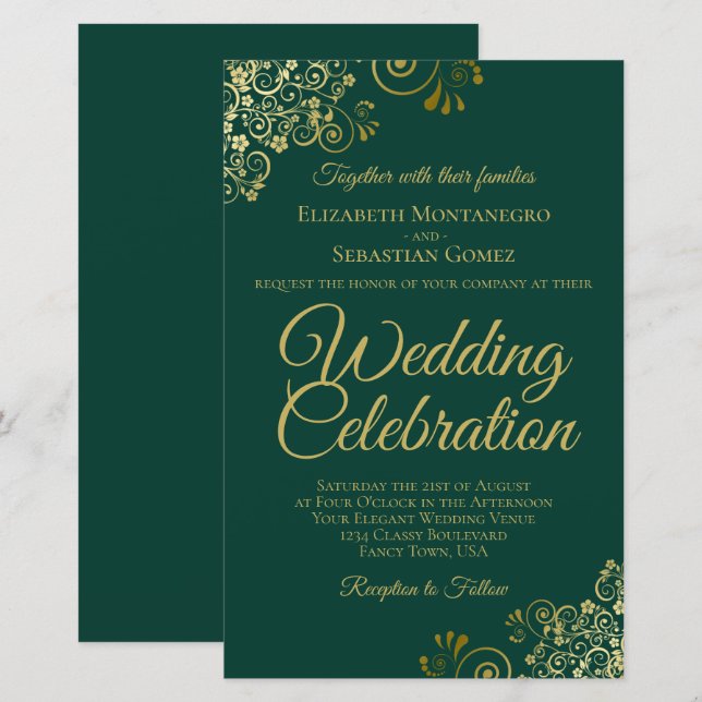 Emerald Green & Gold BUDGET Wedding Invite Large (Front/Back)
