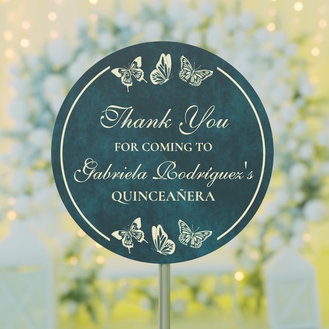 Emerald Green Gold Butterflies 15th Quinceañera Classic Round Sticker (Emerald Green Gold Butterflies 15th Quinceañera Classic Round Sticker)