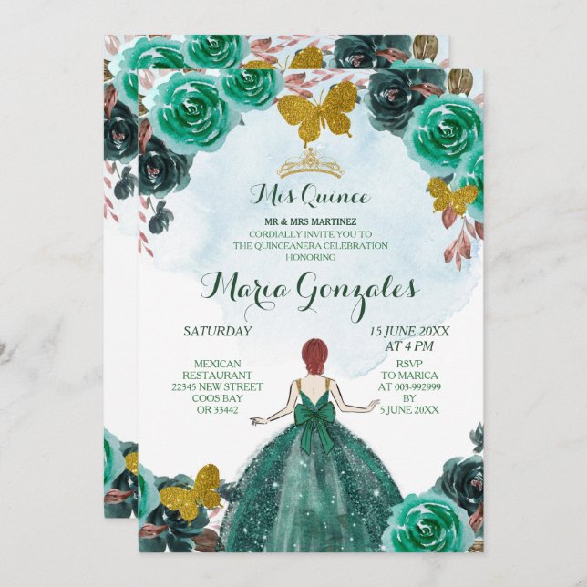 Emerald Green & Gold Butterfly Mis Quince 2 Invitation (Front/Back)