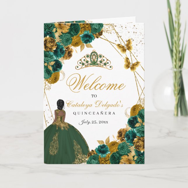 Emerald Green & Gold Butterfly Quinceanera Program Invitation (Front)