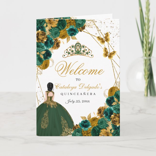 Emerald Green & Gold Butterfly Quinceanera Program Invitation (Front)