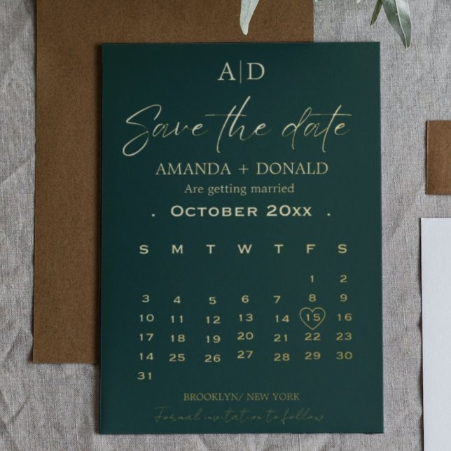 Emerald green& Gold Calendar Wedding Save the date (Creator Uploaded)