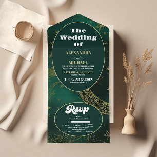 Emerald Green Gold Celestial  Wedding All In One Invitation