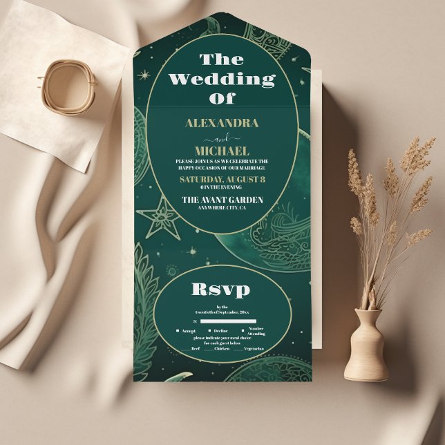 Emerald Green Gold Celestial  Wedding All In One Invitation (Creator Uploaded)