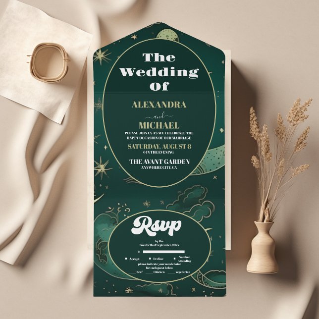 Emerald Green Gold Celestial  Wedding All In One Invitation (Creator Uploaded)