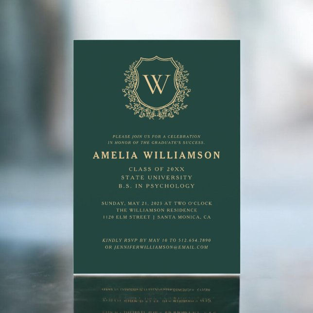 Emerald Green Gold Crest Monogram Graduation Party Invitation (Creator Uploaded)