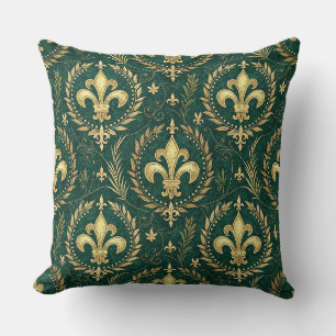 Emerald Green & Gold Crest Royal Damask Pattern Cushion