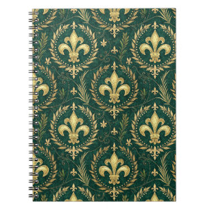Emerald Green & Gold Crest Royal Damask Pattern Notebook