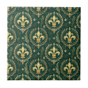 Emerald Green & Gold Crest Royal Damask Pattern Tile