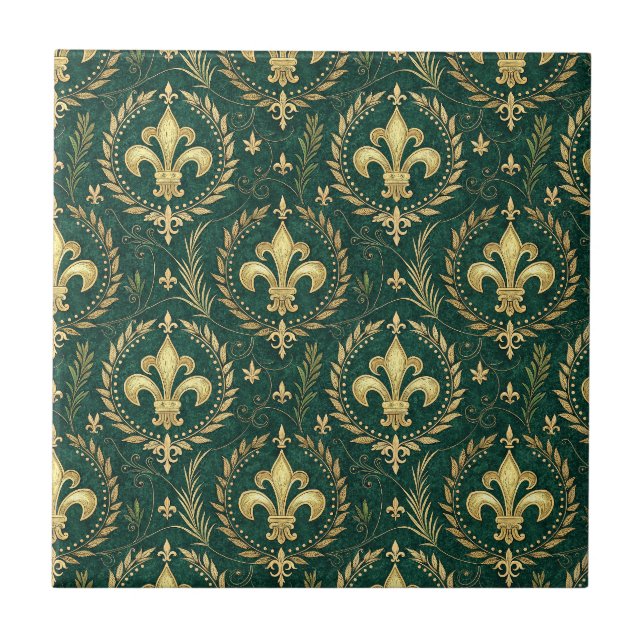 Emerald Green & Gold Crest Royal Damask Pattern Tile (Front)