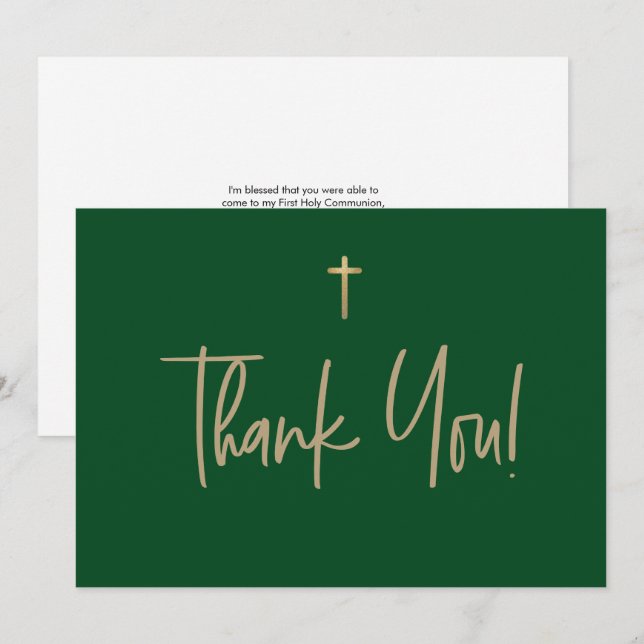 Emerald Green Gold Cross Boy name First communion Thank You Card (Front/Back)