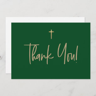 Emerald Green Gold Cross Boy name First communion Thank You Card