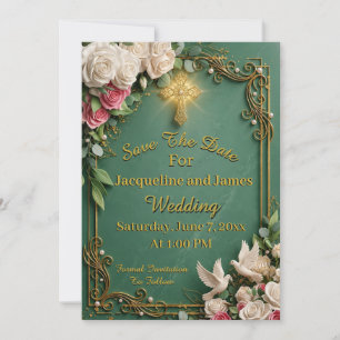 Emerald Green Gold Cross Christian Save The Date