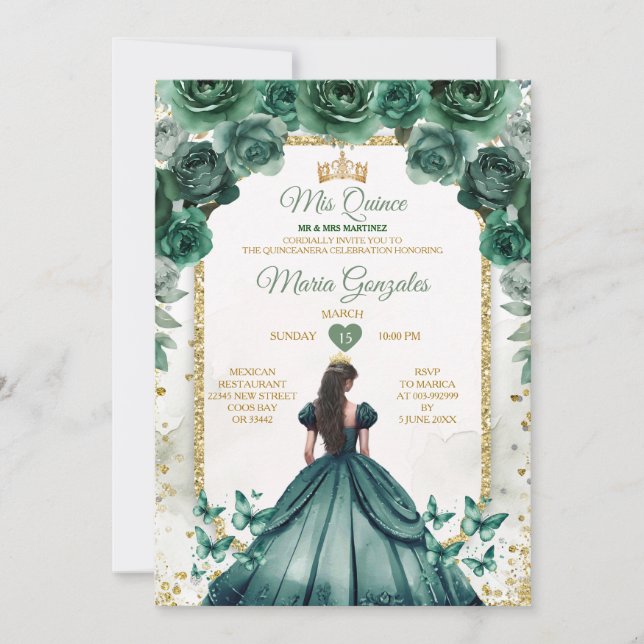 Emerald Green & Gold Crown Mis Quince Butterfly Invitation (Front)