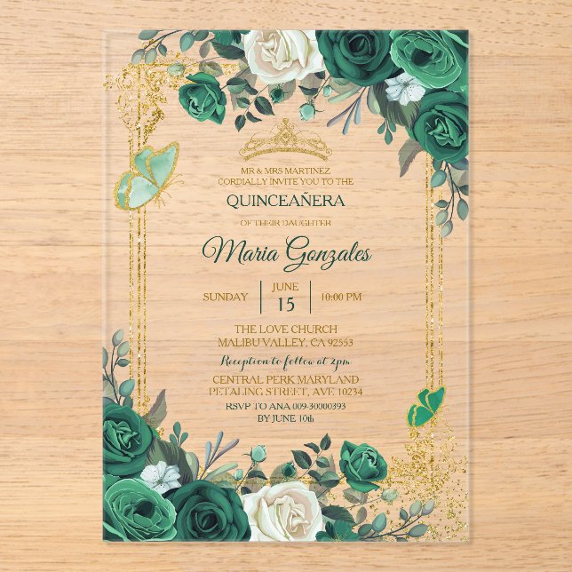 Emerald Green Gold Crown Quinceañera Butterfly Acrylic Invitations (Front)
