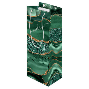 Emerald Green Gold Custom Name Wine Gift Bag
