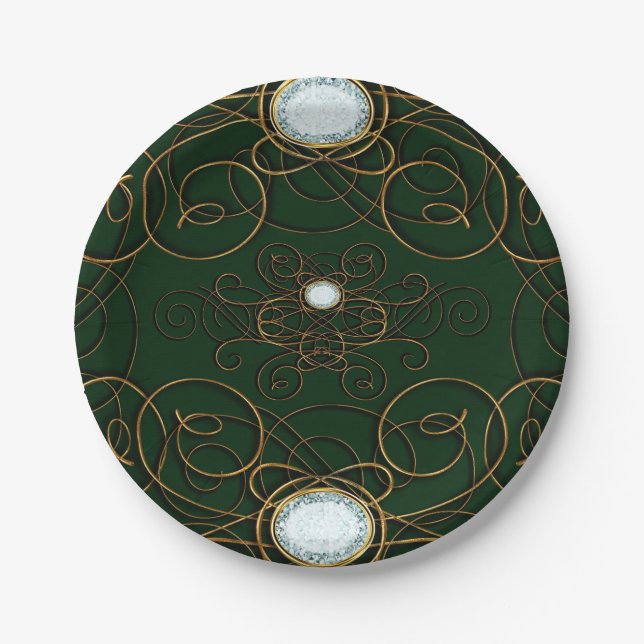Emerald Green & Gold Diamond Anniversary Party Paper Plate (Front)