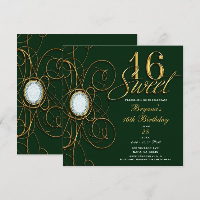 Emerald Green & Gold Diamond Sweet 16 Birthday Invitation (Front/Back)