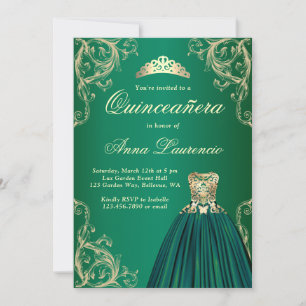 Emerald Green Gold Dress Decorative Quinceanera Invitation