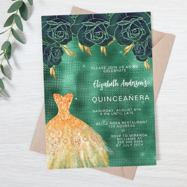 Emerald green gold dress floral Quinceanera Invitation (Creator Uploaded)