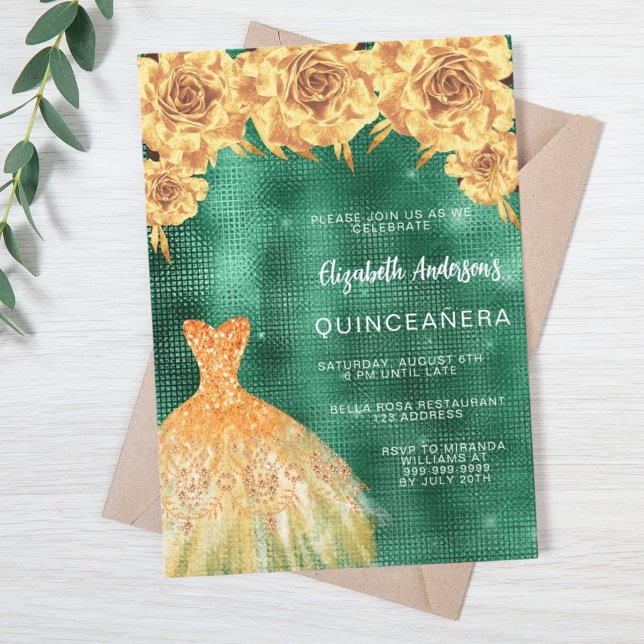 Emerald green gold dress floral Quinceanera Invitation (Creator Uploaded)