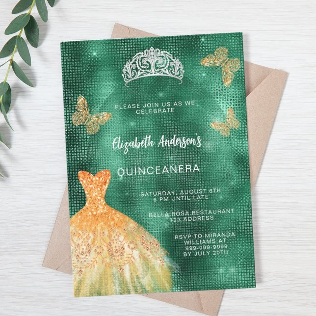 Emerald green gold dress tiara luxury Quinceanera Invitation (Creator Uploaded)