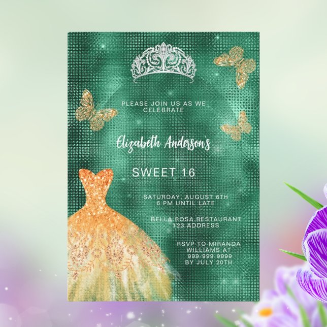 Emerald green gold dress tiara Sweet 16 Invitation (Creator Uploaded)