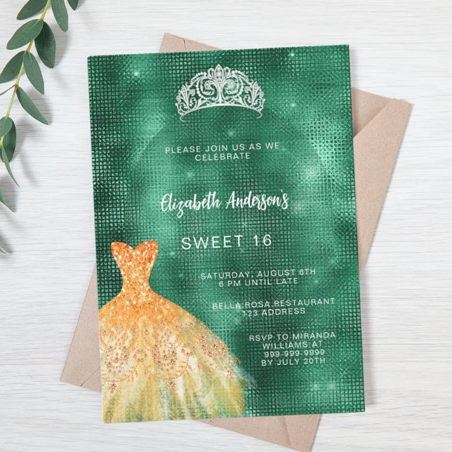 Emerald green gold dress tiara Sweet 16 Invitation (Creator Uploaded)