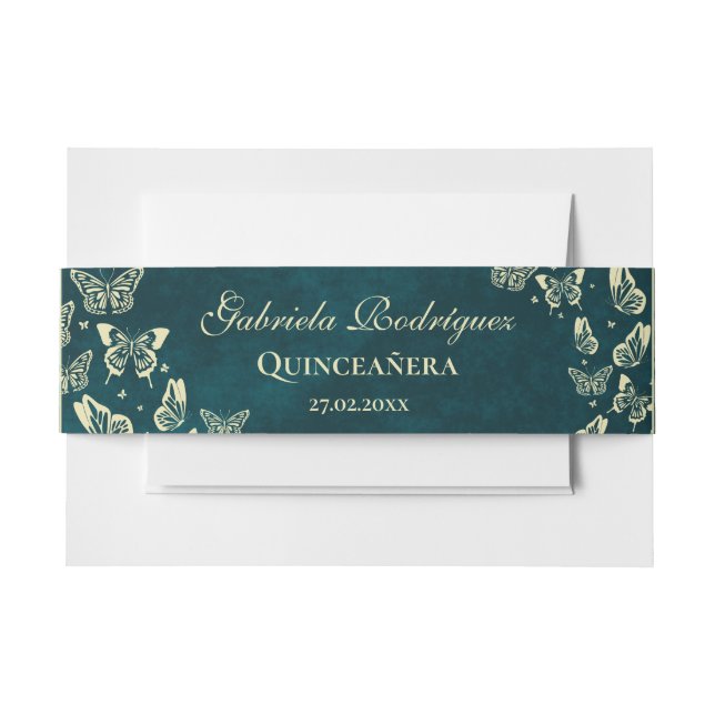 Emerald Green Gold Elegant Butterfly Quinceañera Invitation Belly Band (Front Example)
