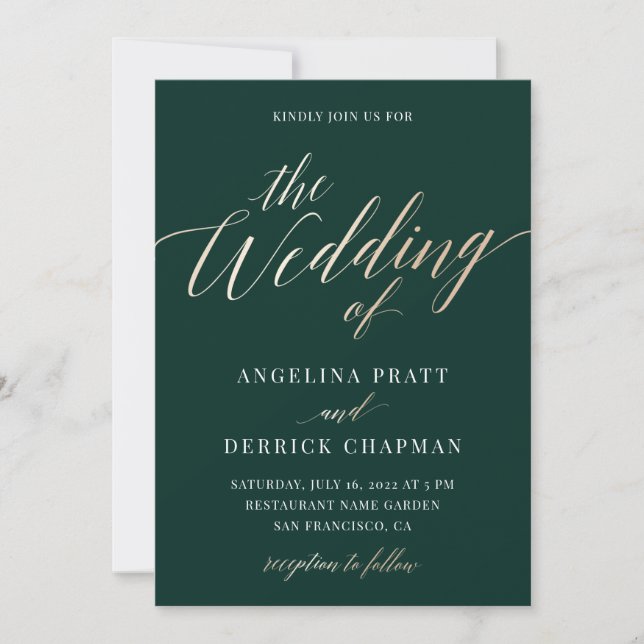 Emerald Green Gold Elegant Calligraphy Wedding  In Invitation (Front)