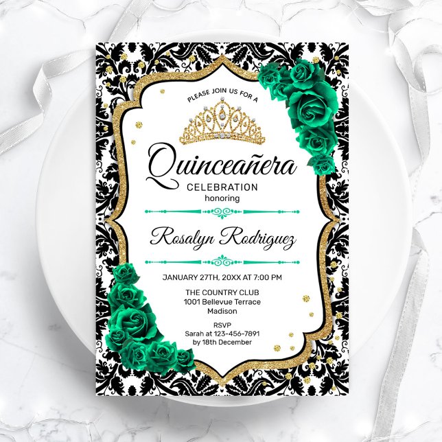 Emerald Green Gold Elegant Damask Quinceanera Invitation (Creator Uploaded)