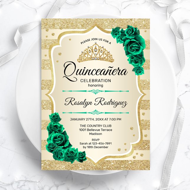 Emerald Green Gold Elegant Floral Quinceanera Invitation (Creator Uploaded)