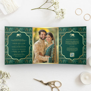 Emerald Green Gold Elephant Indian Photo Wedding Tri-Fold Invitation