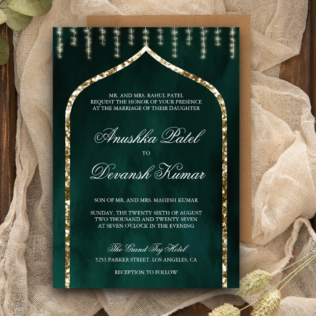 Emerald Green Gold Ethnic Indian Arch Wedding Invitation (Creator Uploaded)