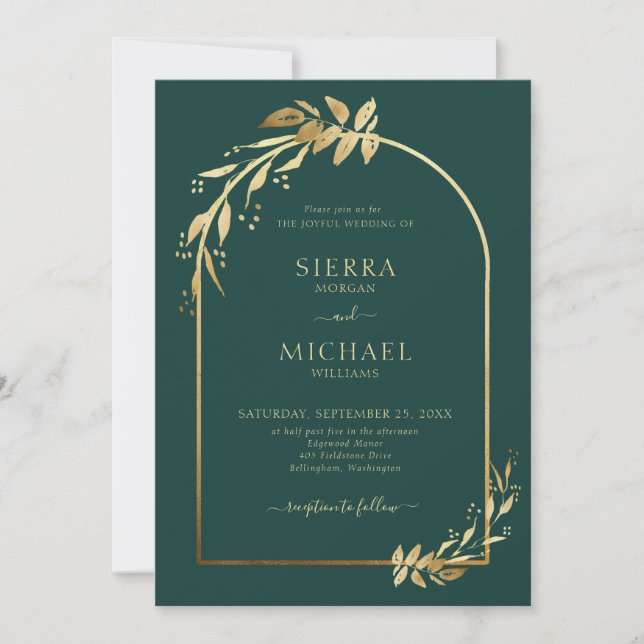 Emerald Green Gold Eucalyptus Foliage Wedding Arch Invitation (Front)