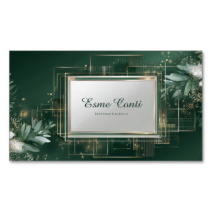Emerald Green Gold Eucalyptus Geometric Frame Magnetic Business Card