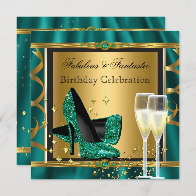 Emerald Green Gold Fabulous Heels Birthday Party 3 Invitation (Front/Back)