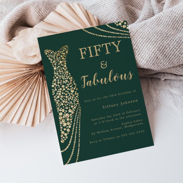 Emerald Green & Gold Fifty & Fab 50th Birthday Invitation (Creator Uploaded)