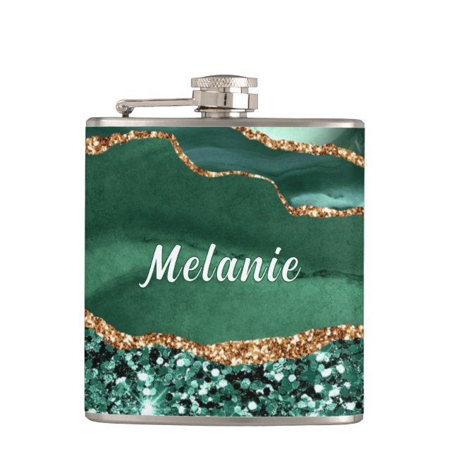 Emerald Green Gold Flask with Custom Name (Front)