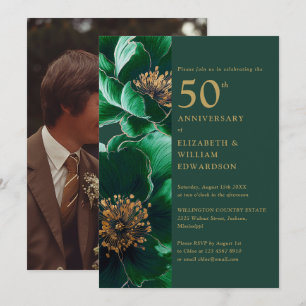 Emerald Green Gold Floral 50th Anniversary Photo Invitation