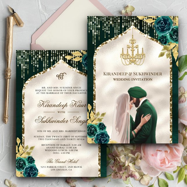 Emerald Green Gold Floral Anand Karaj Sikh Wedding Invitation (Creator Uploaded)